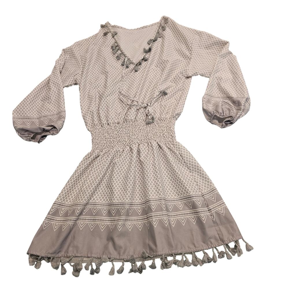 Women’s Boho Tassel Trim Peasant Dress Gray White Geometric Print Size XL
